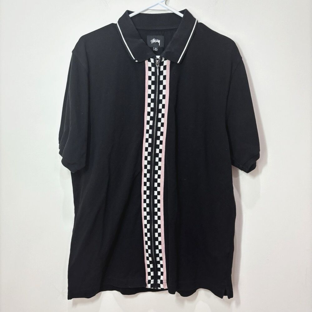 Stussy Full Zip Polo Shirt Mens XL Black Checkered Short Sleeve Retro Y2K Grunge